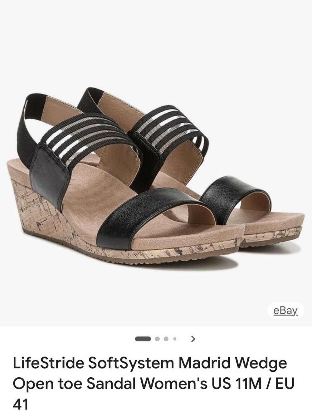 Women’s Life Stride Soft System Black Cork-Detail Wedge Sandal in size 11 GUC